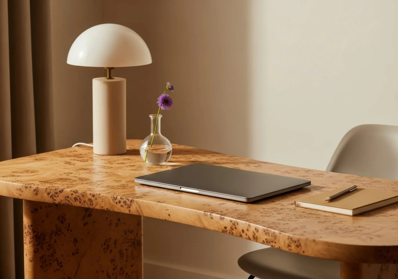 A desk with a laptop, lamp and flowers.
